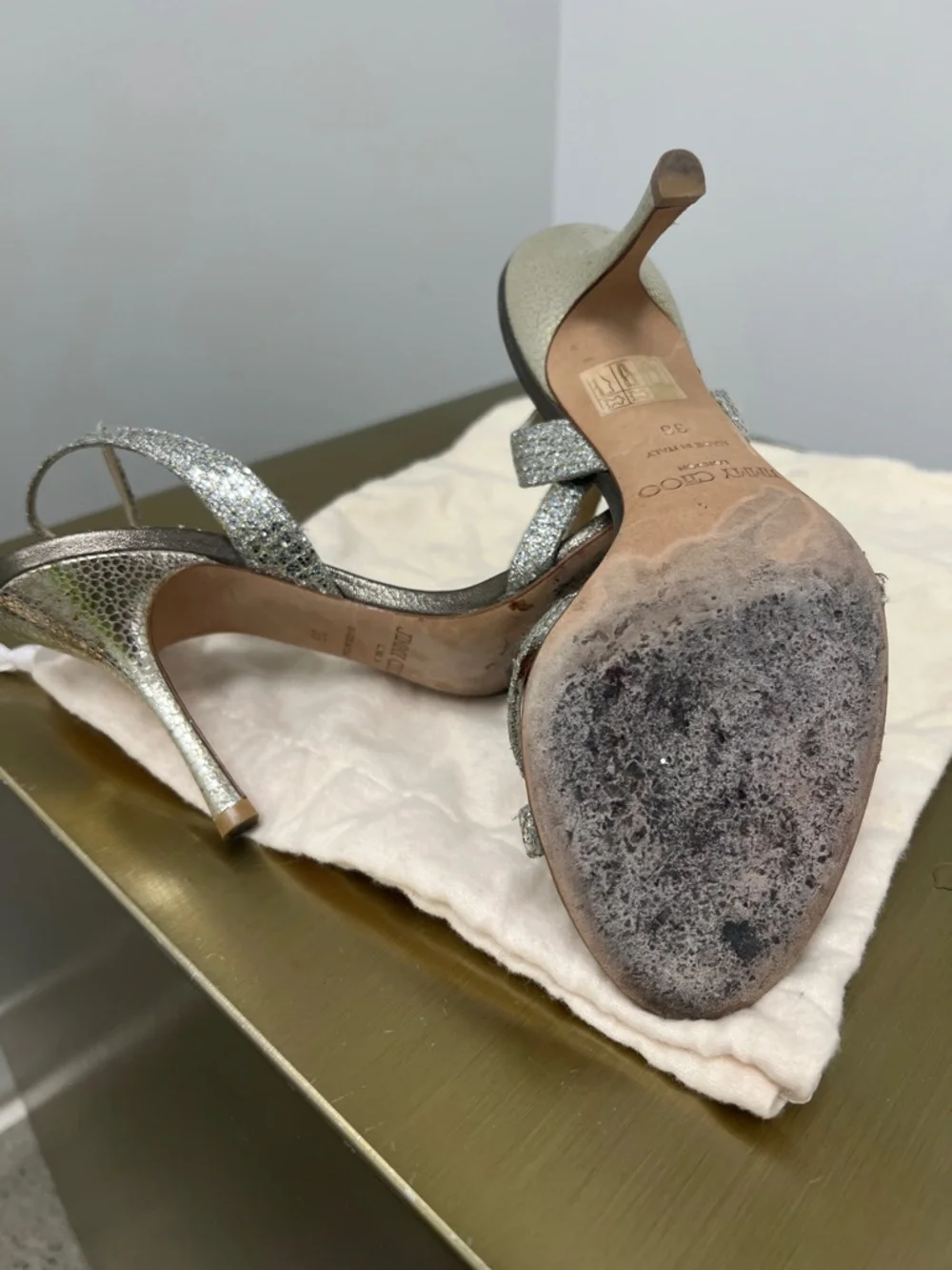 Jimmy Choo Silver Glitter Slingback Heels - Picture 5 of 6